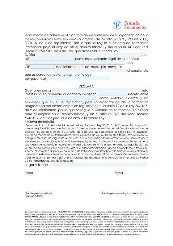 Primera página del documento de adhesión de empresas al contrato de encomienda de Formación Triunfa