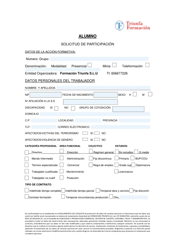 Primera página de la solicitud de participación del alumno de Formación Triunfa